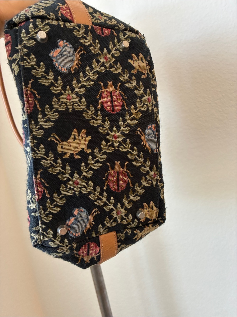 Vintage Tapestry Talbots Purse Leather Trim Butterfly Ladybug Grasshopper Insect - Picture 4 of 6